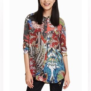 Desigual Overprinted Long Sleeve Button Down High-Low Shirt Blouse M Artsy Boho